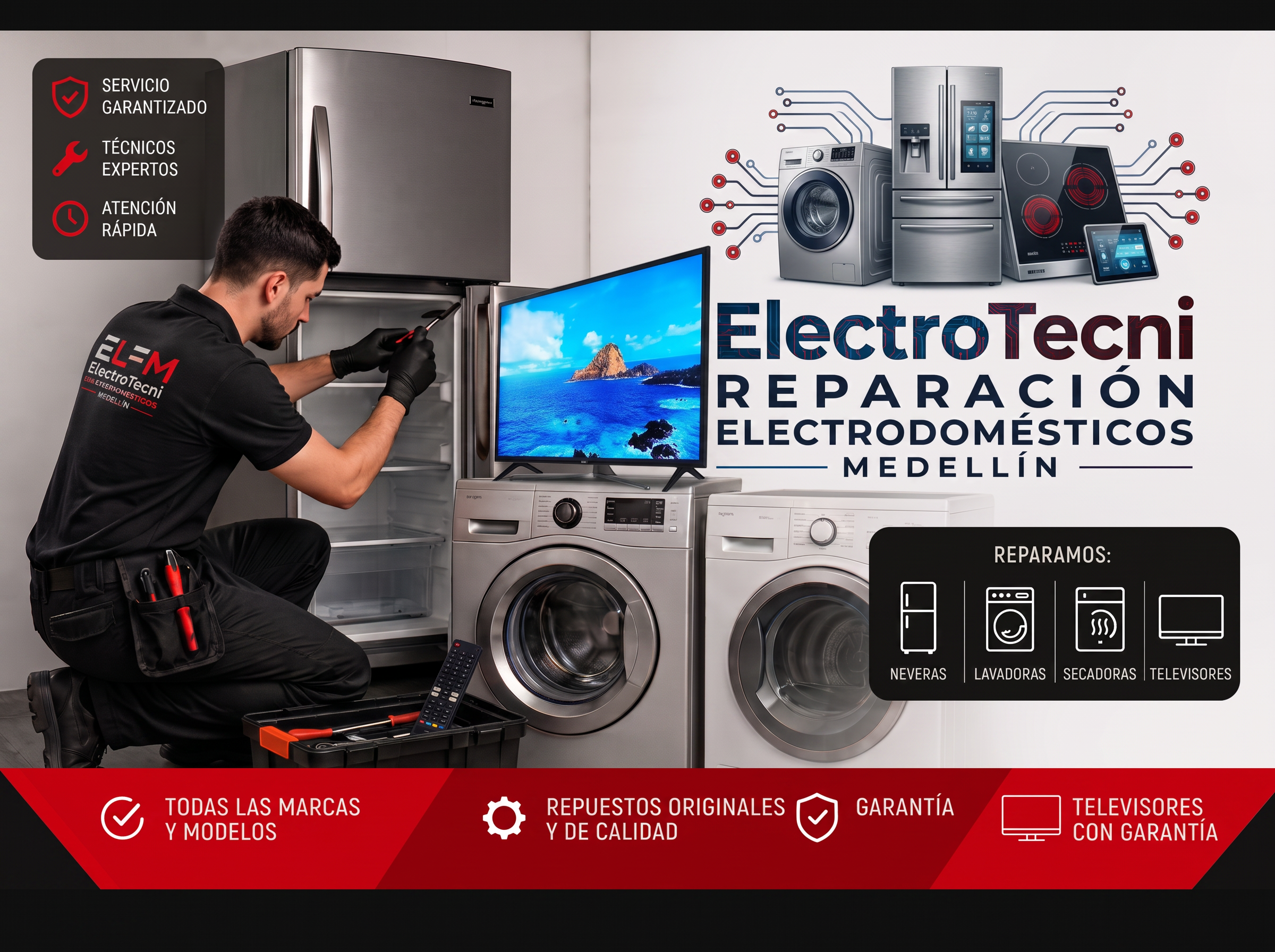Técnico reparando una nevera a domicilio en Medellín